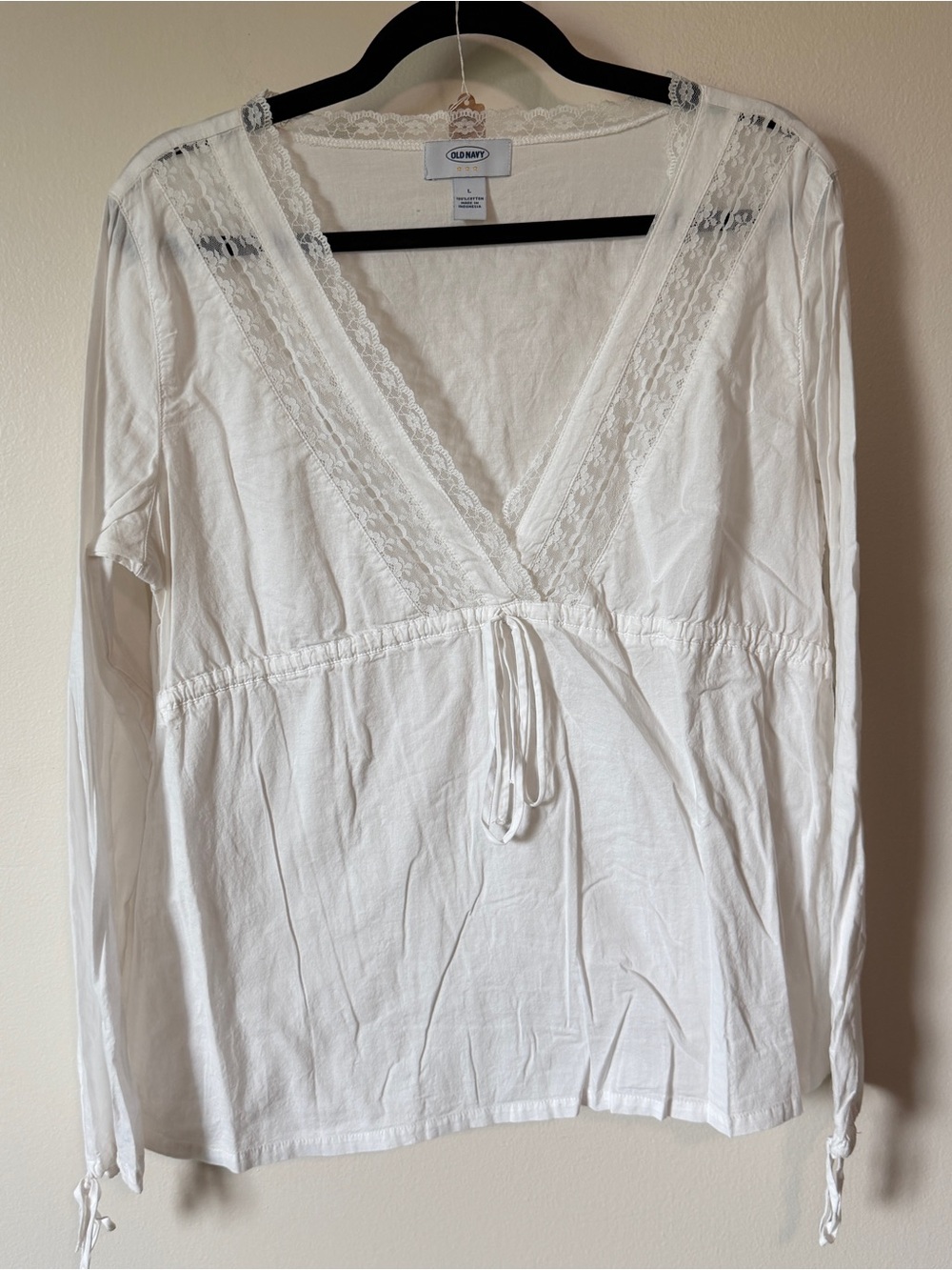 Vintage y2k lace detail plunge neck white tie front blouse top Large 100% cotton